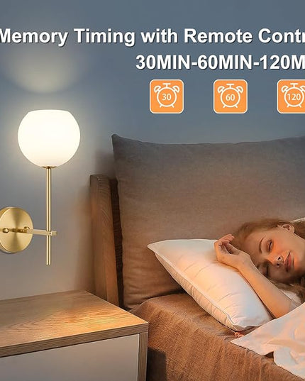 Gold Battery Operated Wall Sconces Set of 2, Rechargeable Wireless Wall Lights with Milky White Frosted Glass Shade, 12 RGB and 3CCT Dimmable, Wall Lamps with Remote for Bedroom Living Room Hallway