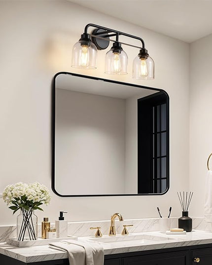 3 Light Matte Black Vanity Lights for Bathroom, Bathroom Light Fixtures Over Mirror with Clear Glass Shade, Ceramic E26 Sockets Wall Mounted
