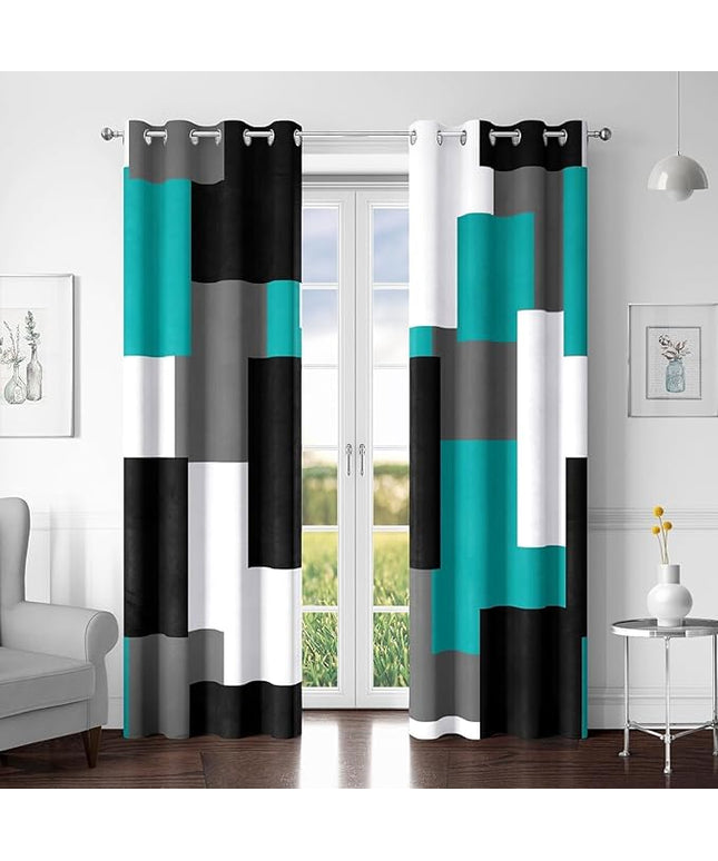 Teal/Turquoise 100% Blackout Curtains for Bedroom 63 inch Length 2 Panels Set Black White Grey Modern Abstract Geometric Black Out Curtains Room Darkening Window Drapes for Living Room, 52Wx63L