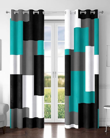 Teal/Turquoise 100% Blackout Curtains for Bedroom 96 inch Long 2 Panels Set Black White Grey Modern Abstract Geometric Black Out Curtains Room Darkening Window Drapes for Living Room, 52Wx96L