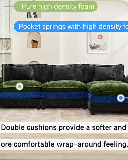 120" Modular Sectional Sofa, Comfy Cloud Couch Sectional Sofa with Ottoman, Chenille Sofa Sleeper Deep Seat Sofa with Throw Pillows for Living Room (Black, 120"- L Shape)