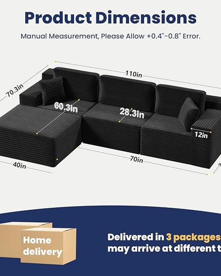 Bashaw 108" Cloud Sectional Couch Sofa with L-Shape Chaise, Modern Modular Sofa Couch Upholstered Couches for Living Room Bedroom, No Assembly Required (Black, L Shape)