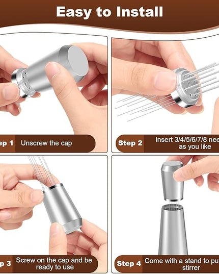 WDT Espresso Distribution Tool, 0.35mm 8 Needle Coffee Stirrer with 8 Extra Needles, 304 Stainless Steel, Aluminum Alloy Handle with Stand, Barista Espresso Whisk Tool (Metal Silver)