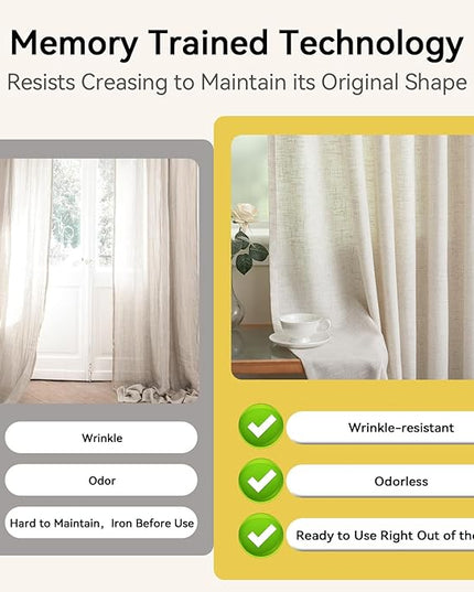 Pinch Pleated Linen Curtains 95 Inches Long - Light Filtering Curtains for Living Room, Semi Sheer Window Curtains for Bedroom, Luxury Pinch Pleated Drapes with Hooks and Rings, Natural, 2 Panels Set