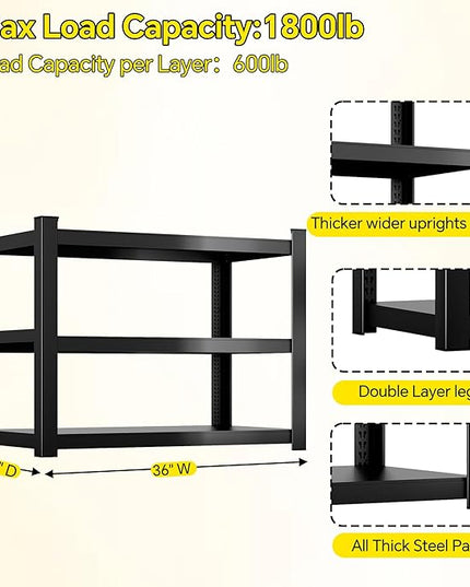 CJF Metal Storage Shelves, 3-Tier Garage Shelving Unit, Heavy Duty Adjustable Metal Shelving for Garage, Basement, Pantry, Warehouse-Black (36 "H x 36" W x 16" D)