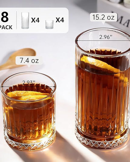 Ruckae Drinking Glasses Set of 8,15 oz and 7 oz Kitchen Water Glass Cups Set,Clear Ribbed Glassware Dishwasher Safe,Mixed Drinkware for Beer,Juice,Cocktail,Whiskey,Milk and Various Mixed Drinks