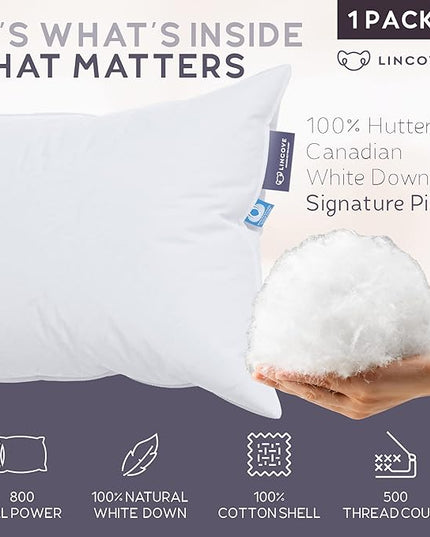 Lincove Signature 100% Natural Canadian White Down Luxury Sleeping Pillow - 800 Fill Power, 500 Thread Count Cotton Shell, Made in Canada, Standard - Medium, 1 Pack