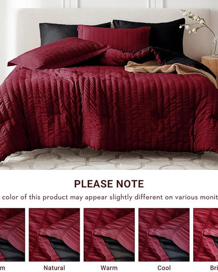MUXHOMO 7 Pieces King Comforter Set, Seersucker Bed in a Bag King Size, All Season Luxury Bedding Set with Comforter, Flat Sheet, Fitted Sheet, Pillowcases & Shams, Red & Black