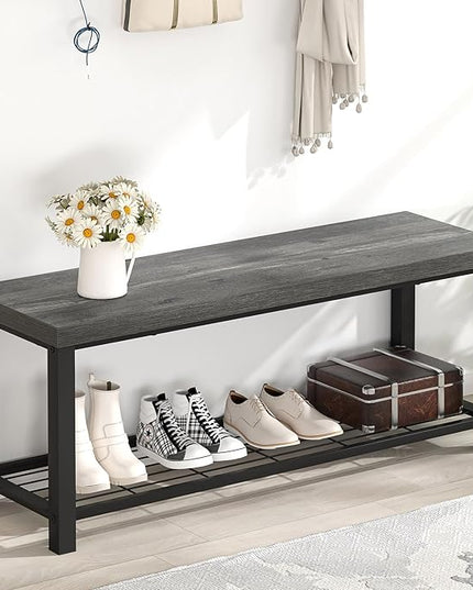EXCEFUR Entryway Bench, Industrial Metal and Wood Storage Bench for Living Room, Indoor Shoe Rack Bench Seat, 43.3 Inch Grey
