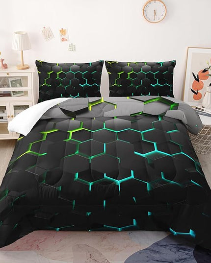 Geometric Green Black Neon Comforter Set,Light Honeycomb 3 Piece Bedding Set Queen for Teen Boys,Modern Bedding Quilt Set Geometry Decor,Microfiber Lightweight 1 Comforter 2 Pillowcases All Season
