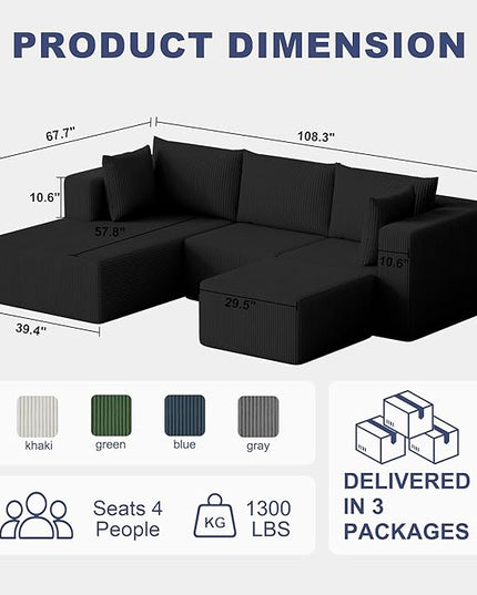 108" Boneless Couches for Living Room, Modular Cloud Couch Sofa - 4 Pieces U Shap Corduroy Sectional Sofa, Fluffy Memory Foam Sleeper Sofa Furniture, No Assembly, Wide Armrest, Black