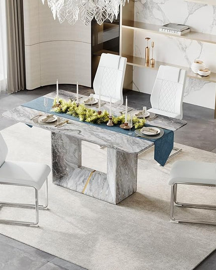 Dinner Table Set for 4, 5 Piece Dining Table Set with Chairs, 63" Faux Marble Modern Table with 4 PU Leather Upholstered Chairs, for Kitchen & Dining Room