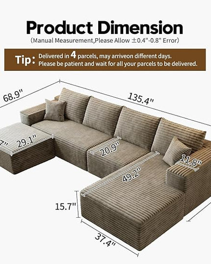 135.4" Cloud Modular Sectional Sofa with 1 Ottoman,Modern Minimalist Upholstered Couches, Comfort U Shaped Sofa for Living Room,Deep Seat Corner Couch，No Assembly Required (Camel,Right Facing Chaise)