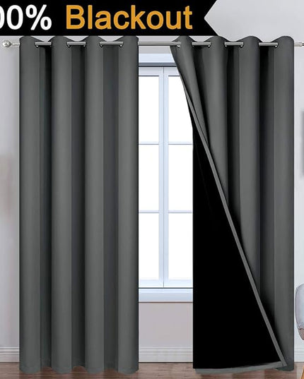Yakamok 100% Dark Gray Blackout Window Curtain Panels Full Light Blocking Drapes with Black Liner Room Darkening Thermal Insulated Curtains for Bedroom/Living Room(Dark Grey, 52W x 96L, One Pair)