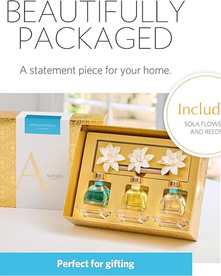 AGRARIA at The Beach PetiteEssence Collection, Handmade Sola Flower Reed Diffuser Set of 3, Luxury Home Fragrance Scented Oil Diffuser Gift Set