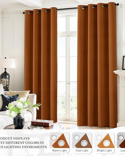 Yakamok Room Darkening 100% Blackout Curtains Grommet Window Treatments with 2 Thick Layers-Burnt Orange Thermal Insulated Drapes Set of 2 Panels for Bedroom Living Room 52 Inches by 84 Inches Length