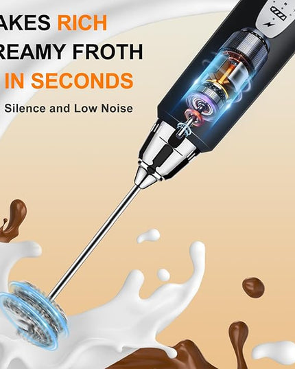 YUSWKO Black Handheld Milk Frother Wand with Stand for Coffee, Rechargeable Electric Whisk with 3 Heads 3 Speeds Drink Mixer Coffee Frother For Latte, Cappuccino, Hot Chocolate, Egg