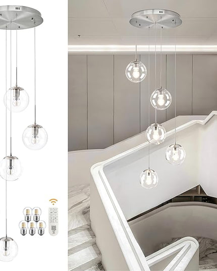 KoKo&Yukina 5-Light Globe Glass Pendant Light Adjustable Length Pendant Lights Modern Nickel Clear Globe Glass Chandelier High Ceiling Lights Fixtures for Foyer Hallway Staircase (Bulb & Remote Incl)