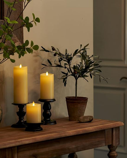 Luminara Realistic Flameless LED Set of 3 Ivory Pillar Candles, Home Safe Moving Flame Melted Top Illumination, Battery Operated Remote Control w/Timer