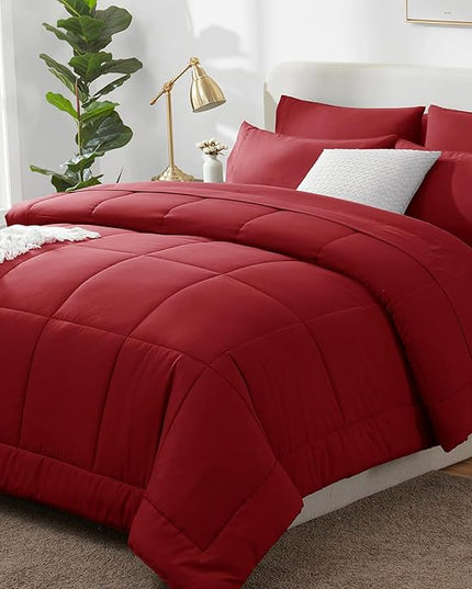 CozyLux King Size Comforter Set Dark Red, 7 Pieces Bed in a Bag, Red Comforter King Size, All Season Bedding Sets with Stitch Quilted Comforter, Flat Sheet, Fitted Sheet, Pillowcases