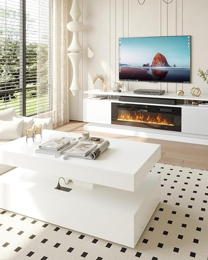Modern Table Set Includes 70" Fireplace TV Stand & 47" Coffee Table with Charging Station and USB Ports, for Living Room, White & Black