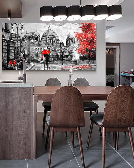Black and White Buildings and Lovers Holding Umbrellas Under Street Lamps Canvas Art Print Artwork Wall Art for Living Room bedroom Wall Decor，Modern Home Decor Watercolor wall painting decoration