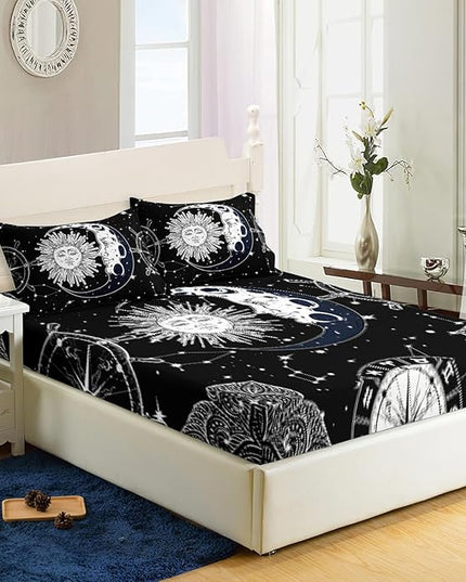 AILONEN Sun and Moon Fitted Sheet Queen Size, Boho Hippie Style Bedding Sheet,Starry Night with Astrology Pattern Sheet Set for Boys Girls,1 Fitted Sheet 2 Pillowcases,3 PCS,Perfect for Adult Rooms