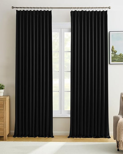 KEQIAOSUOCAI 72 Inch Wide Black Pinch Pleated Curtains 72 x 90, Thermal Insulated Noise Cancelling Living Room Office Drapes 90 Inches Long, Patio Sliding Glass Door Window Curtain 2 Panels