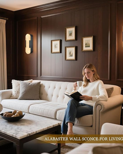 Alabaster Wall Sconce, 13.8" Natural Marble Wall Sconce, Black Alabaster Sconces, Indoor Modern Bathroom Sconces Wall Lighting for Living Room, Bedroom, Hallway, Stairs