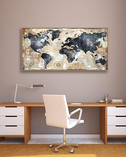 Tucai Decor Framed Wall Art World Map Wall Art Print Picture Decor Home Interior - Map Picture for Office Decor Travel Memory Nautical Map Canvas Artwork 20 x 40 inch Ready to Hang (Framed)