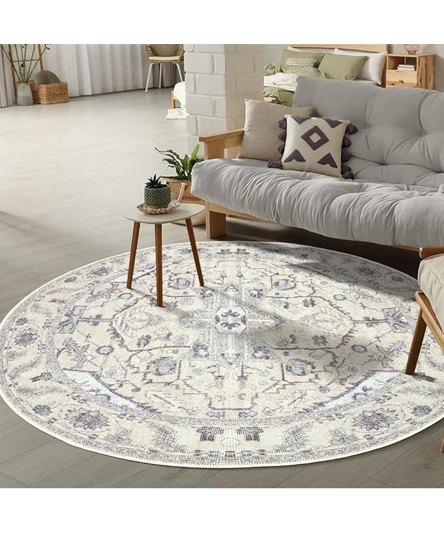 GLN Rugs Bohemian Collection - Machine Washable Area Rug, Bohemian Vintage, Non Slip, Low Pile Chenille Rug, Living Room, Bedroom, Bathroom Rug (5'3" Round Beige/Gray)