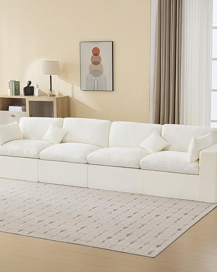 155''Cloud Boneless Sectional Couch, Modular Sectional Sofa Deep Seat, Oversized Upholstered Convertible Comfy 4 Seater Chenille Memory Foam Sofa Couches for Living Room, Beige