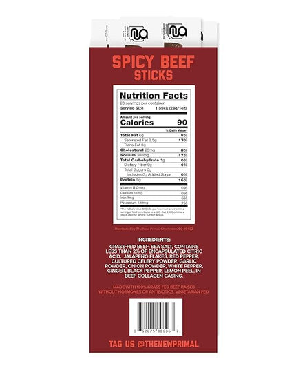 The New Primal Grass-Fed Spicy Beef Sticks, Keto, Gluten Free Healthy Snacks for Adults, Sugar Free Low Carb High Protein Snack, Paleo Whole30 Jerky Stick, 9g Protein, 20 Ct