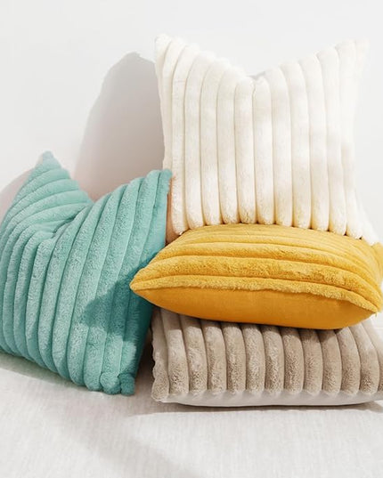 decorUhome Faux Fur Spring Throw Pillow Covers 20x20 Set of 2, Decorative Soft Plush Striped Neutral Couch Euro Pillow Covers with Velvet Back for Sofa, Bed, Living Room Home Decor, Aqua