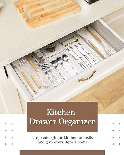 Criusia Clear Drawer Organizer 7 PCS - 5 Size Plastic Versatile Kitchen and Bathroom Organizer Trays, Non-Slip Storage Bins for Makeup, Utensils, Tool and Office Desk