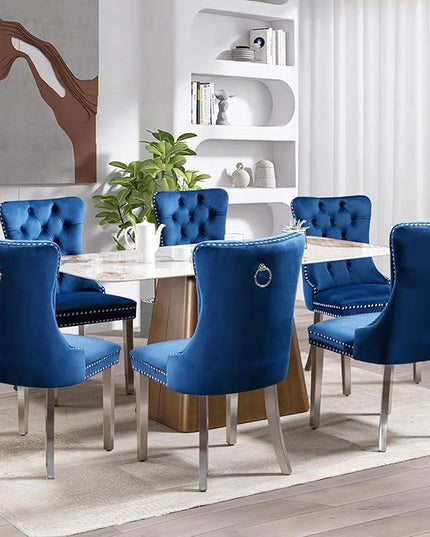 SoarFlash Velvet Dining Chair Set of 8, Upholstered Tufted Dining Room Chair with Nailhead Trim and Solid Silver Plated Leg for Kitchen (Blue)