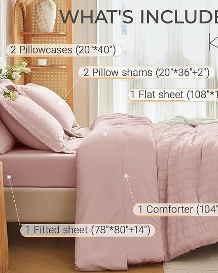 MUXHOMO 7 Pieces King Comforter Set, Seersucker Bed in a Bag King Size, All Season Luxury Bedding Set with Comforter, Flat Sheet, Fitted Sheet, Pillowcases & Shams, Rose Gold