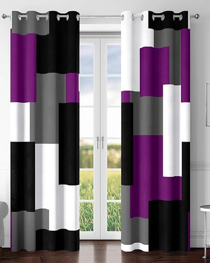 Purple 100% Blackout Curtains for Bedroom 96 inch Length 2 Panels Set Black Grey Modern Abstract Geometric Black Out Curtains Insulated Room Darkening Window Drapes for Living Room, 52Wx96L