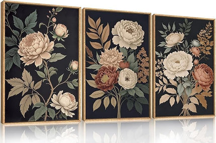 HOURIA Large Moody Dark Flower Framed Canvas Wall Art,Retro Beige Red Peony Wall Decor,Vintage Textured Blossom Botanical Artwork,Natural Wildflower Art Print for Living Room,Bedroom,Office-24 x36 x3