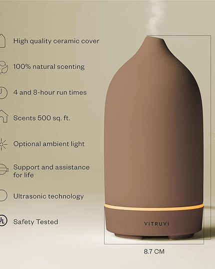 Vitruvi Stone Diffuser, Ceramic Ultrasonic Essential Oil Diffuser for Aromatherapy | Ceramic Diffuser, Diffusers for Home, Oil Diffuser, Room Decor | Suede, 90ml Capacity
