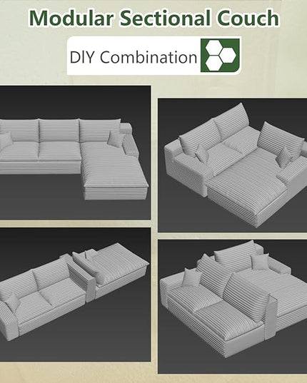 107" Cloud Couch Modular Sectional Sofa for Living Room, L-Shape Boneless Couch with Deep Seat, Modern Corduroy 3-Seater, No Assembly Required (Black,Right-Facing Chaise)