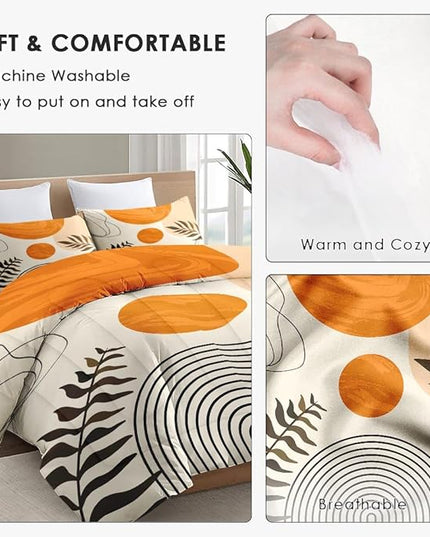 King Size Comforter Set with 2 Pillowcases, Contemporary Mid Century Geometric 3 Pcs Bedding for Kids and Adults, Boho Rainbow Sun Soft Comforter Set for Bedroom Bed Decor