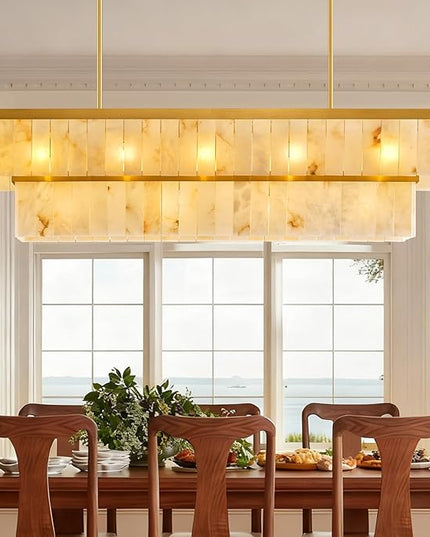 Rectangle Alabaster Chandelier, L54 Brass Linear Chandeliers Over Table Pendant Light Modern Mrable Rectangular Chandelier for Kitchen Island Dining Room Living 2-Tier Gold(Include 16 Bulbs)