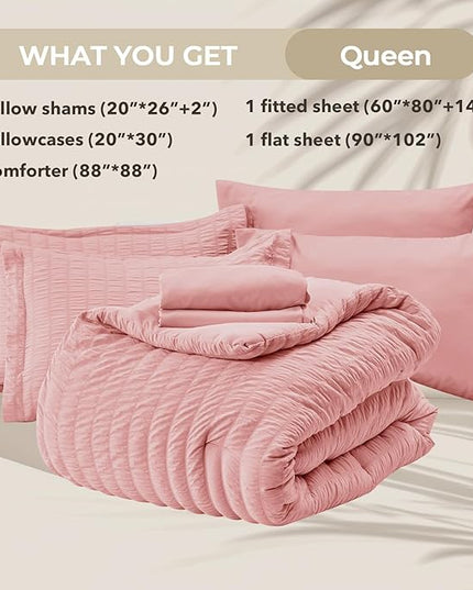HYMOKEGE Rose Pink Queen Comforter Set Seersucker 7 Pieces, All Season Luxury Bed in a Bag Queen for Bedroom, Bedding Set with Comforter, Sheets, Pillowcases & Shams
