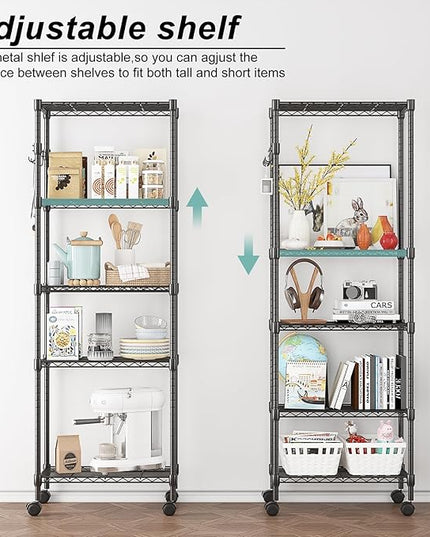 Himimi 5-Tier Wire Shelving Unit on Wheels, Adjustable Heavy Duty Metal Shelves with Side Hooks, Metal Organization Wire Rack for Kitchen Garage Basement, 13" L x 23" W x 72" H, Black