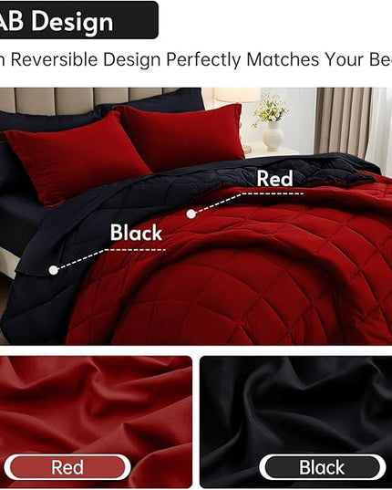 MUXHOMO 5 Pieces Twin XL Comforter Set, Reversible Bed in a Bag Twin XL Size, All Season Bedding Set with Comforter, Flat Sheet, Fitted Sheet, Pillowcases & Shams, Red & Black