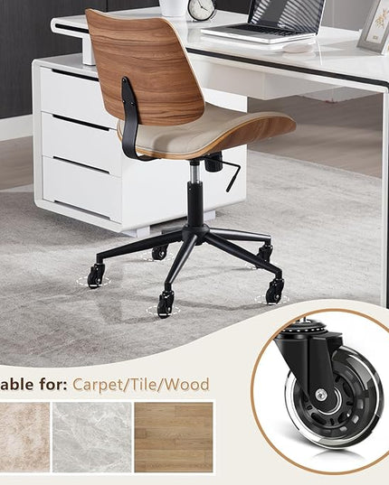Home Office Desk Chair with Wheels, Adjustable Height Armless Office Chair, PU Leather Mid Back 360° Small Computer Chair, Modern Walnut Chair No Arms for Office, Reading Meeting Room(Beige)