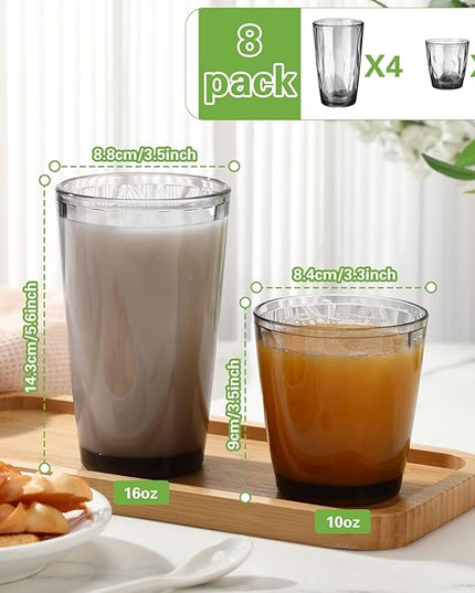 Set of 8 Plastic Drinking Glasses 16 Oz and 10 Oz Reusable Plastic Tumblers Acrylic Tall and Short Unbreakable Water Cups for Indoor Outdoor Home Picnic Party(Grey)