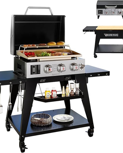 Brand-Man 3-Burner Portable Propane Gas Griddle with Lid - 28,000 BTU Flattop Griddle Grill, 504 Sq. In., Folding Side Tables, Rolling Cart for Outdoor BBQ, Camping, Patio