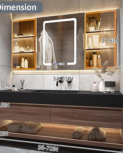 Single Sink Bathroom Vanity, Bathroom Cabinet has LED Lights Fog Mirror & Solid Wood Body, Glass Side Cabinet with Light (Dark Brown, 68'')